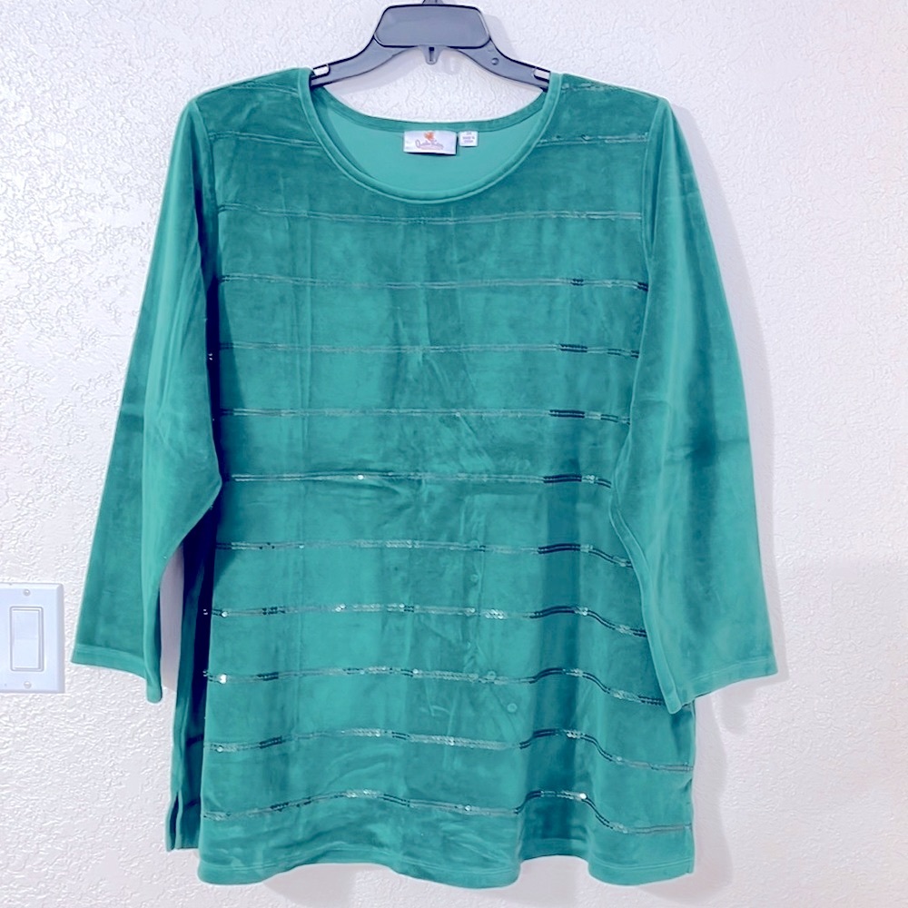 QUACKER FACTORY 3 XL TOP GREEN VELOUR WITH SEQUINS STRIPED FRONT WOMENS